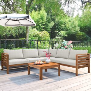 patio furniture 4 pieces conversation sets, acacia wood outdoor sectional furniture conversation sets with cushions and coffee table for garden backyard balcony and porch (beige)