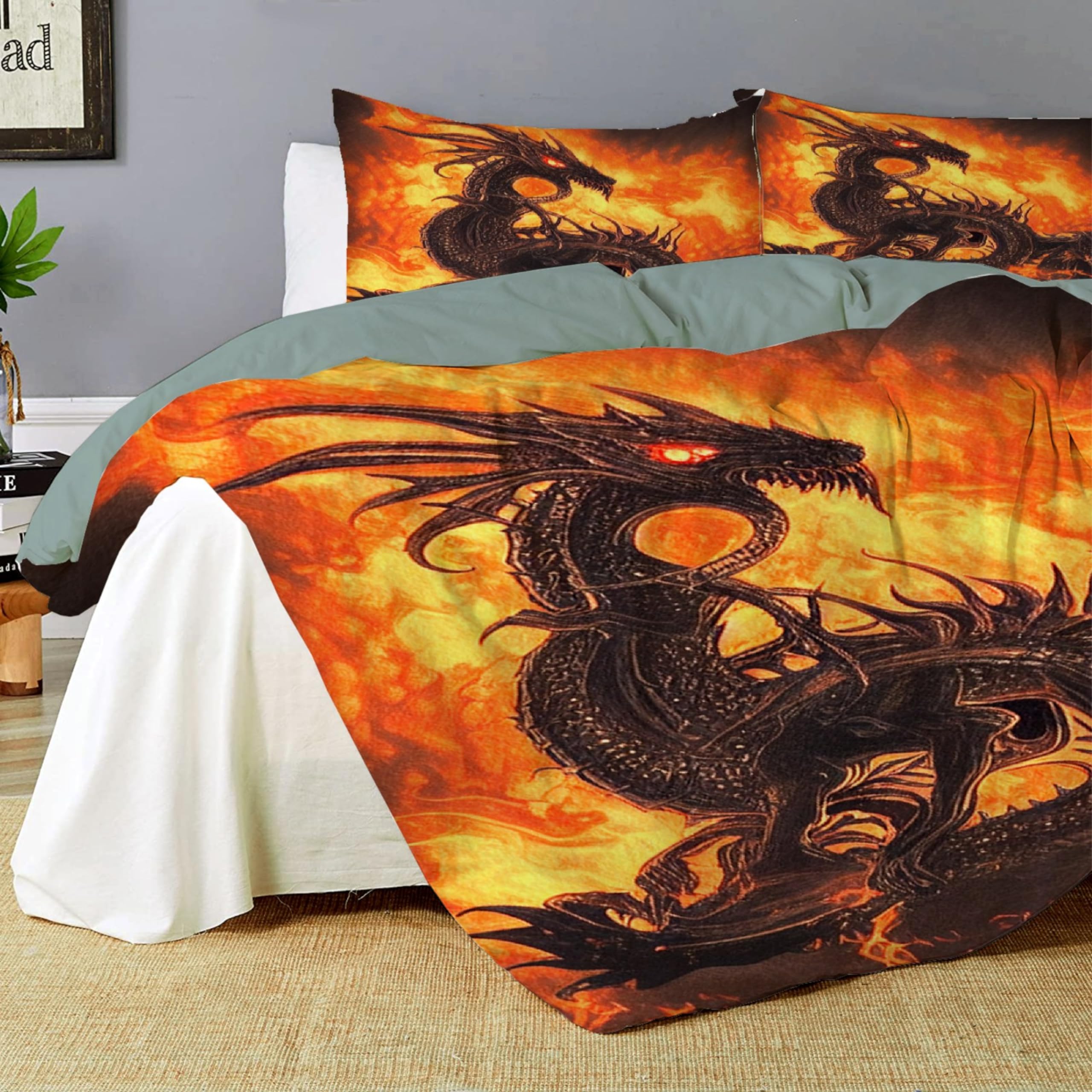 Fire Dragon Bedding Set - 3 Pieces Bedding Set (1 Quilt Cover+2 Pillow Shams) for Girls Boys Adults - Soft Comfortable Comforter Sets with Zipper for Bedroom Hotel - Full Size: 200*230(80*90in)