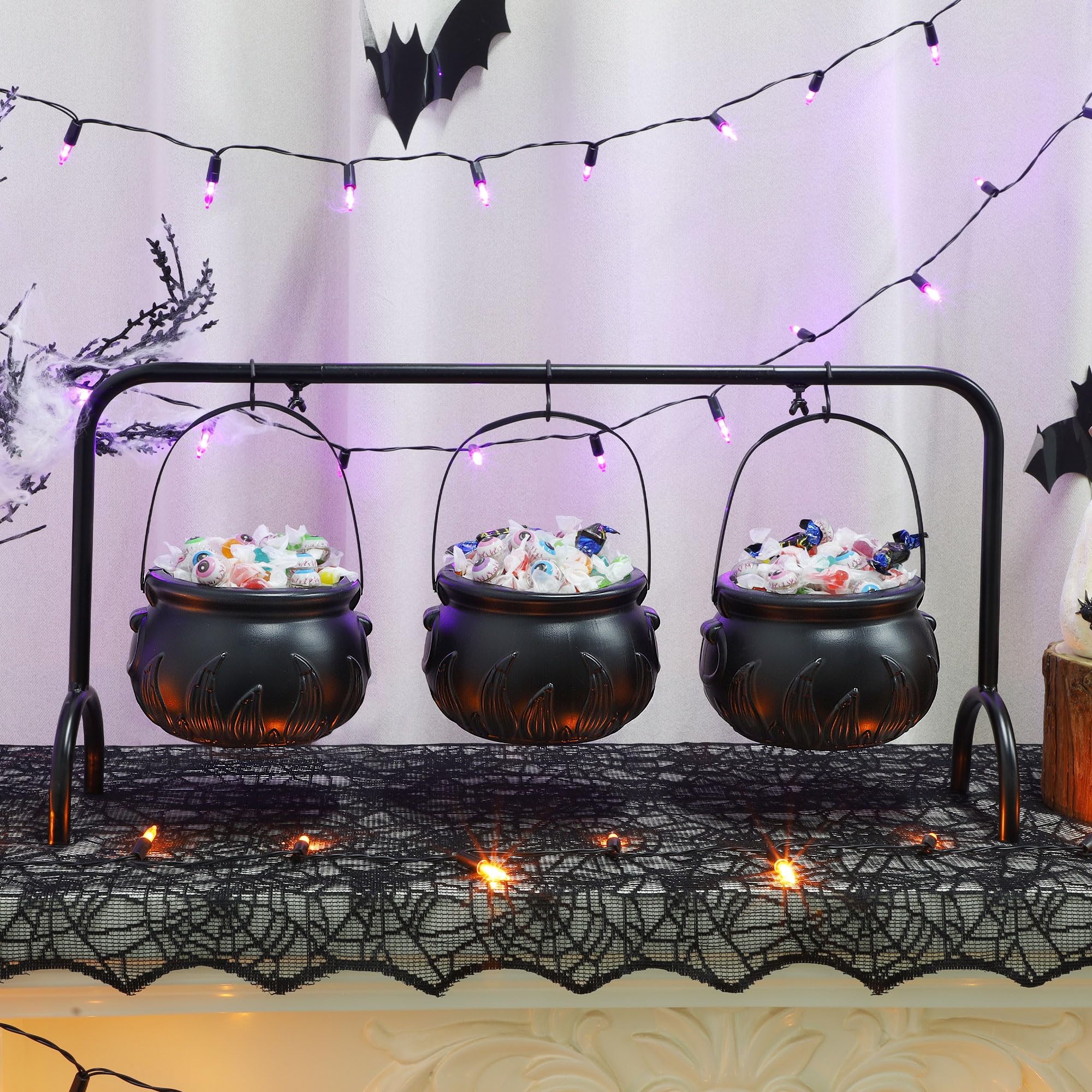 Zcaukya Halloween Decorations, 3 Packs Plastic Witch Cauldrons Hanging On Iron Rack, Black Witch Pots Set with Stand Candy Holders for Haunted House Halloween Party Supplies Tabletop Decor