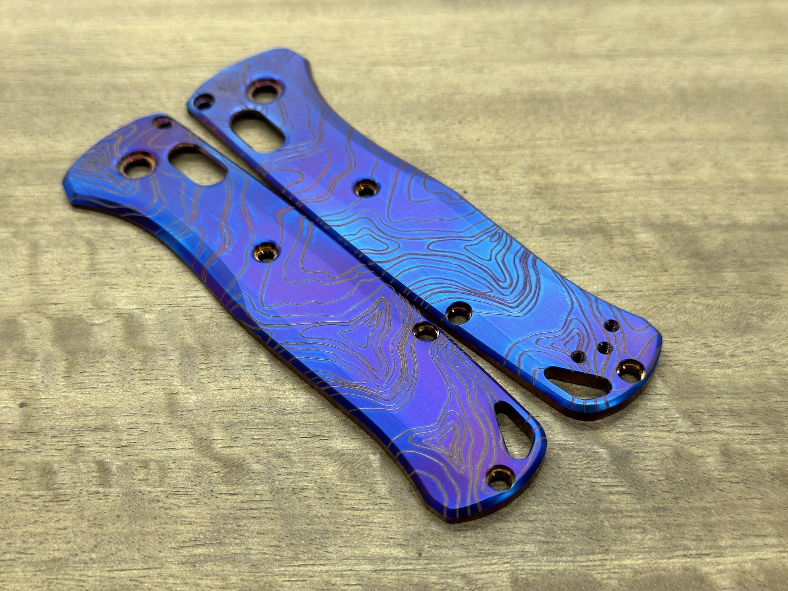 Flamed TOPO engraved Titanium Scales for Benchmade Bugout 535