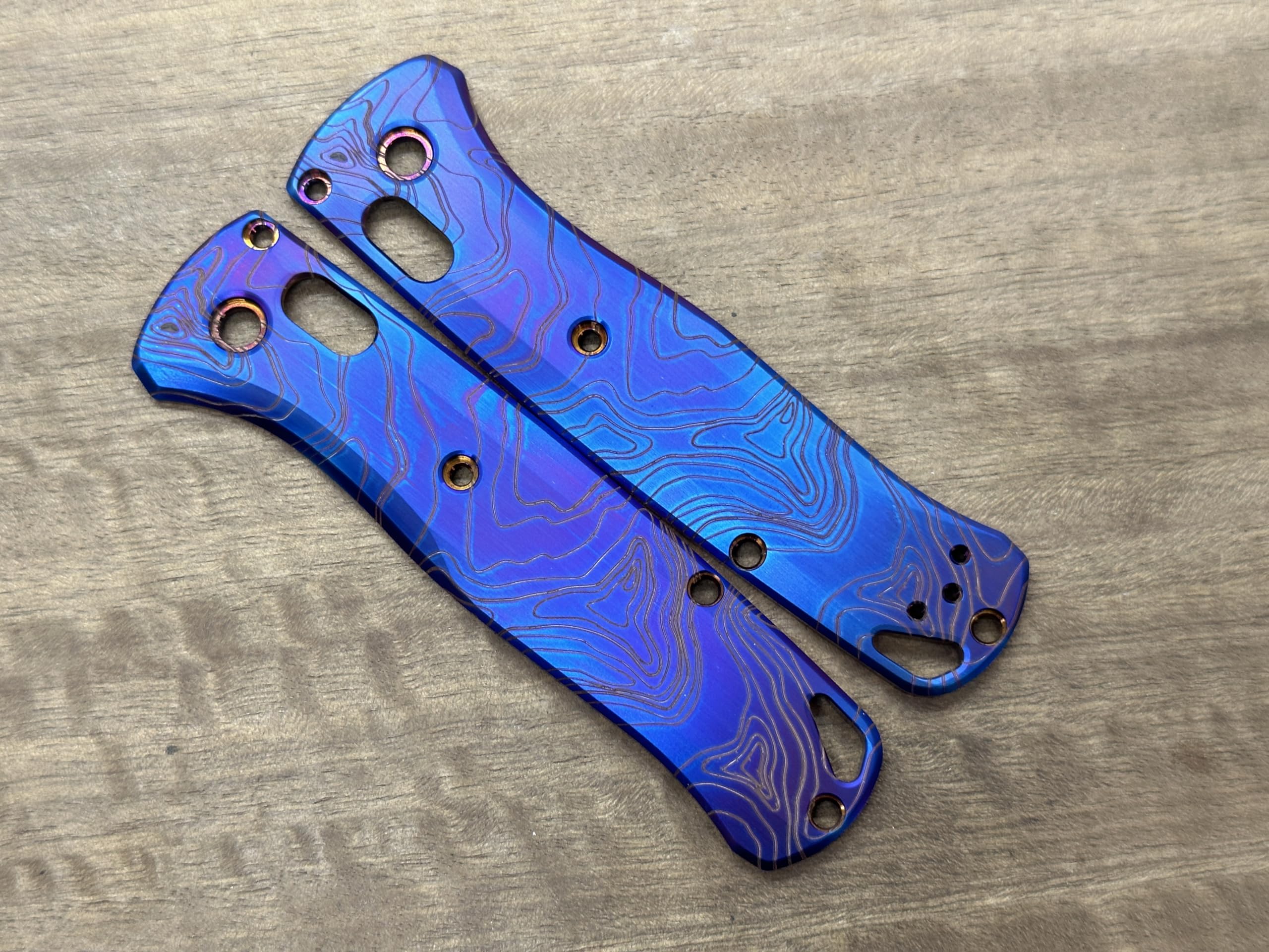 Flamed TOPO engraved Titanium Scales for Benchmade Bugout 535