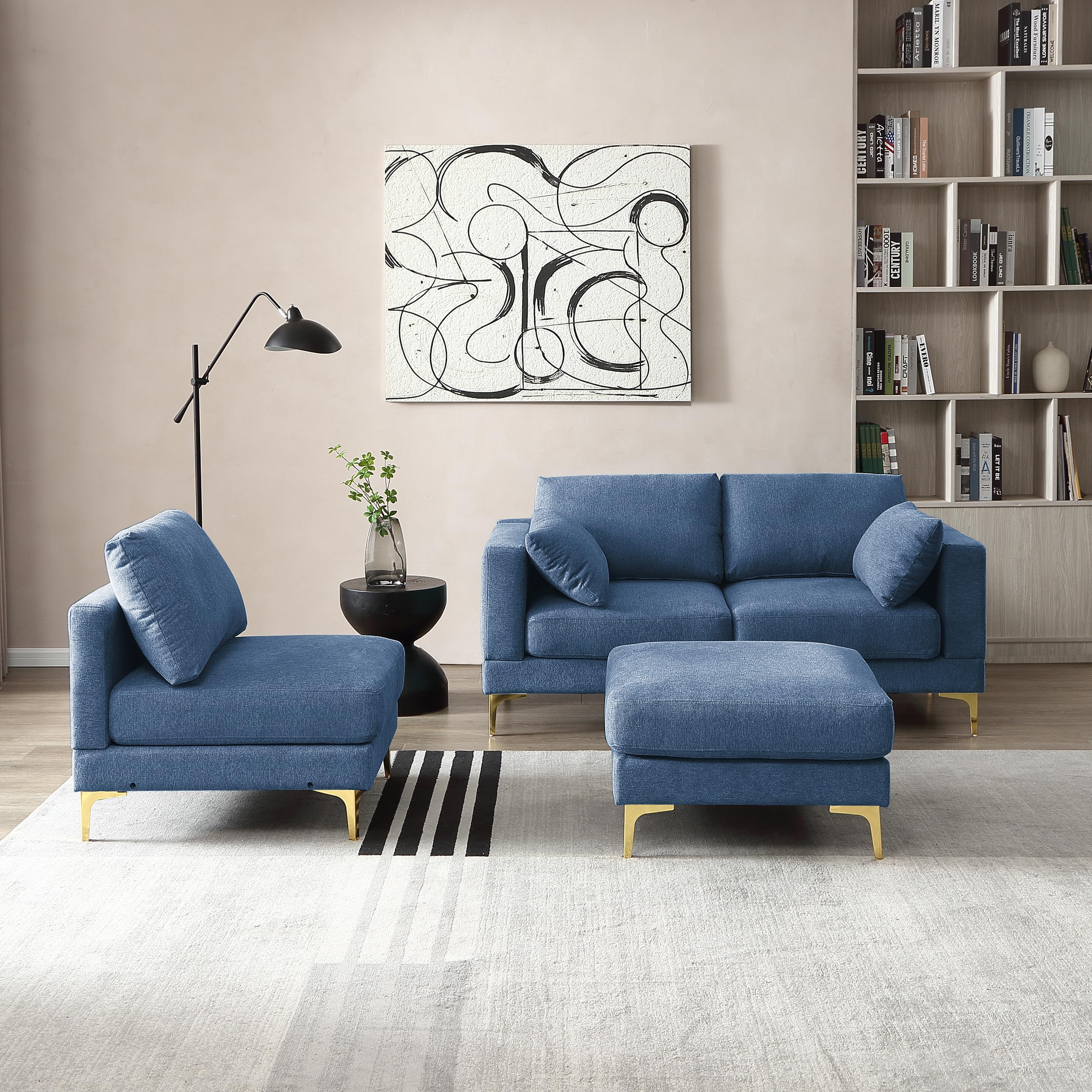 N NOORDENIYA 93'' L Shape Sectional Sofa Couch, Sectional Couch Reversible Chaise with Footstool Ottoman, 3-Seater Sofa Couch Set for Apartment, Living Room, Bedroom, Office. Blue Polyester