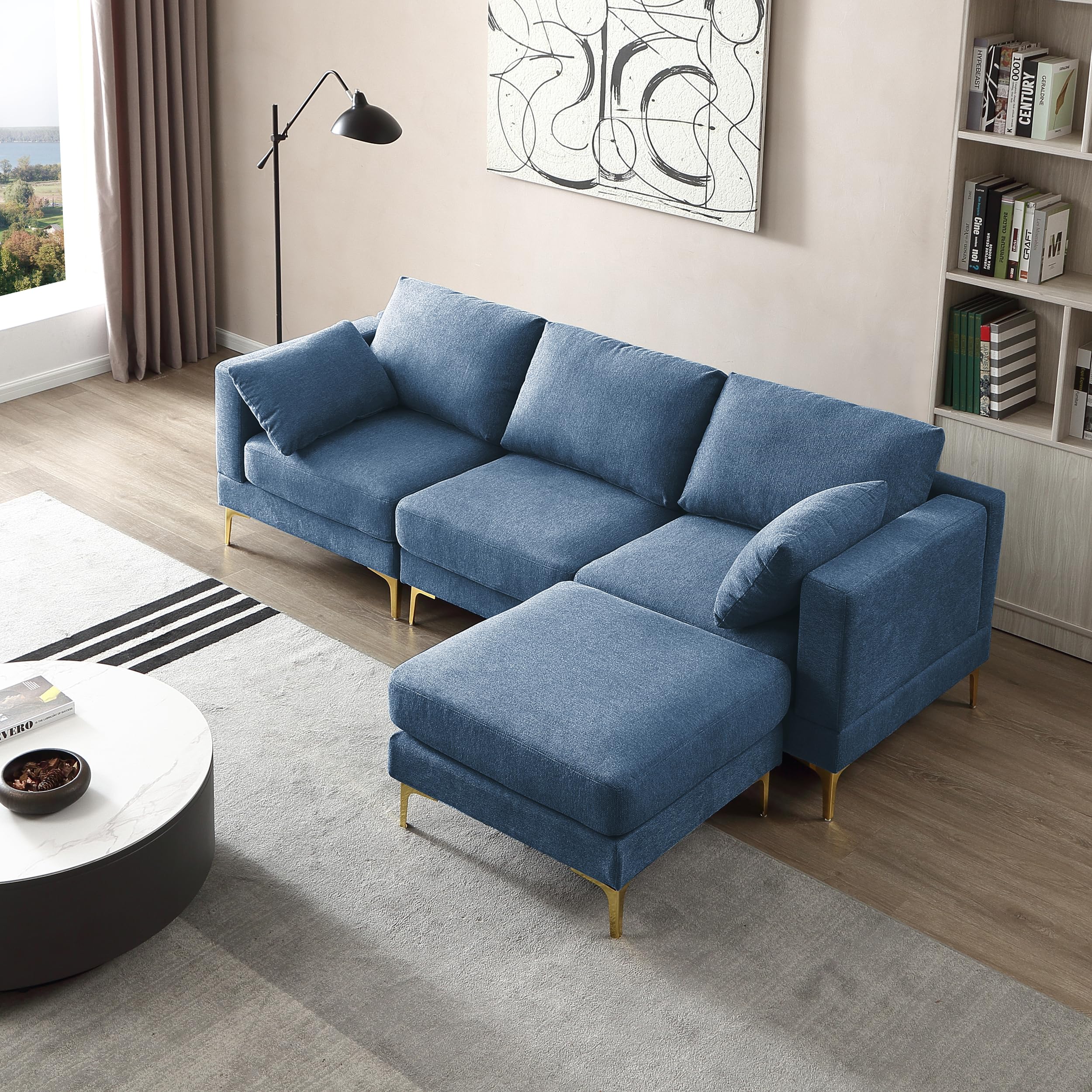 N NOORDENIYA 93'' L Shape Sectional Sofa Couch, Sectional Couch Reversible Chaise with Footstool Ottoman, 3-Seater Sofa Couch Set for Apartment, Living Room, Bedroom, Office. Blue Polyester