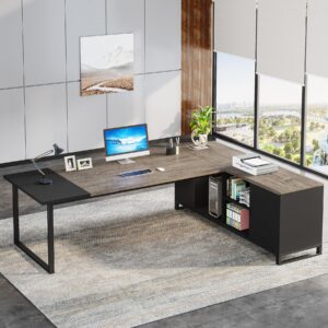 tribesigns 70.8" executive desk with 55" file cabinet, industrial l shaped computer desk with storage shelves and cabinet, large l shaped executive desk for home office, retro gray & black