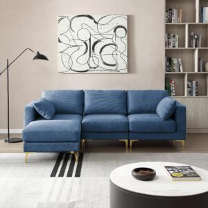 n noordeniya 93'' l shape sectional sofa couch, sectional couch reversible chaise with footstool ottoman, 3-seater sofa couch set for apartment, living room, bedroom, office. blue polyester