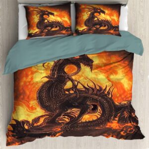 fire dragon bedding set - 3 pieces bedding set (1 quilt cover+2 pillow shams) for girls boys adults - soft comfortable comforter sets with zipper for bedroom hotel - full size: 200*230(80*90in)