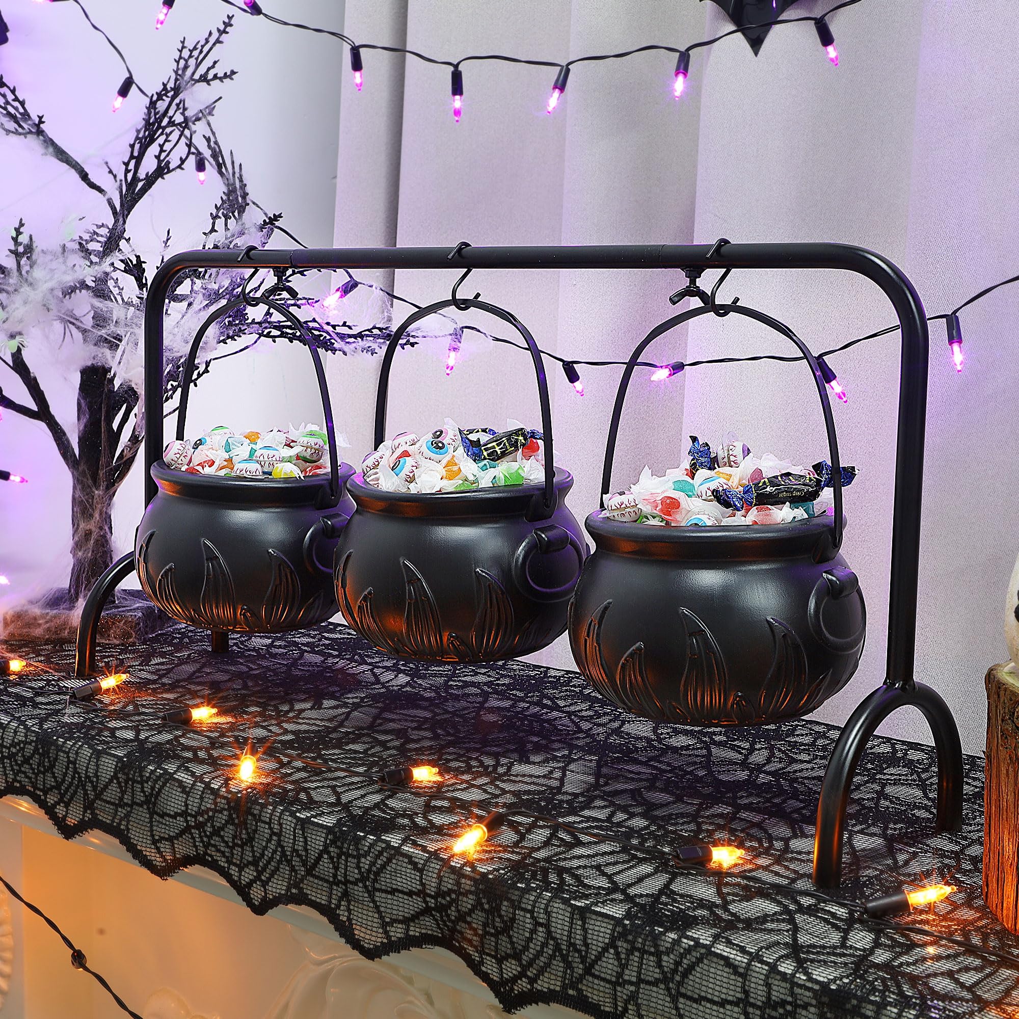 Zcaukya Halloween Decorations, 3 Packs Plastic Witch Cauldrons Hanging On Iron Rack, Black Witch Pots Set with Stand Candy Holders for Haunted House Halloween Party Supplies Tabletop Decor