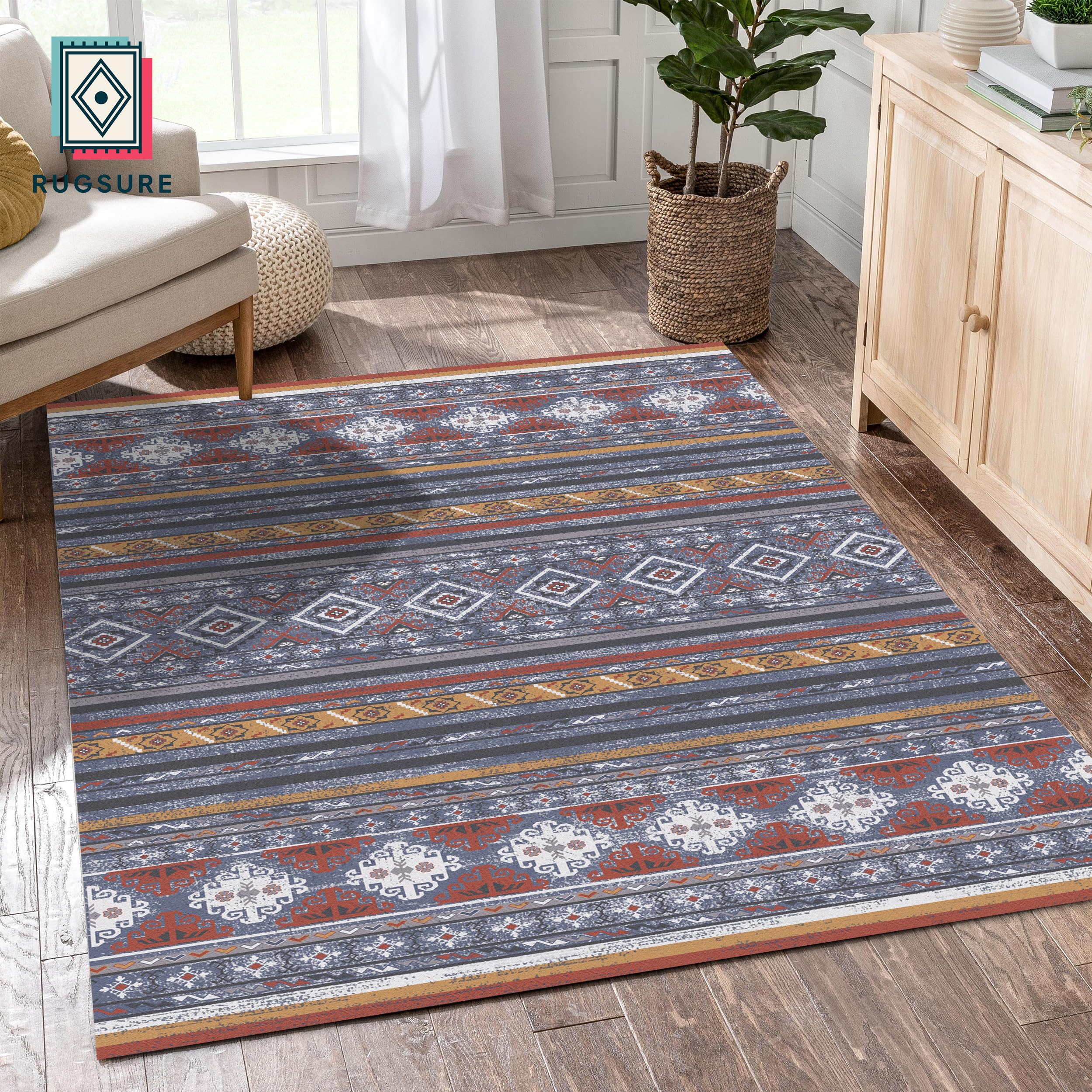 RUGSURE Washable Area Rugs 4' x 6' - 1/6 Thick - Moroccan-Inspired -Stain & Water Resistant Non-Slip - Resistant Rug for Living Room, Bedroom, Nursery, Pet & Child Friendly (Blue and Red)