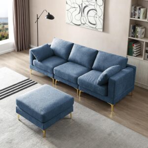 N NOORDENIYA 93'' L Shape Sectional Sofa Couch, Sectional Couch Reversible Chaise with Footstool Ottoman, 3-Seater Sofa Couch Set for Apartment, Living Room, Bedroom, Office. Blue Polyester