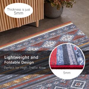 RUGSURE Washable Area Rugs 4' x 6' - 1/6 Thick - Moroccan-Inspired -Stain & Water Resistant Non-Slip - Resistant Rug for Living Room, Bedroom, Nursery, Pet & Child Friendly (Blue and Red)