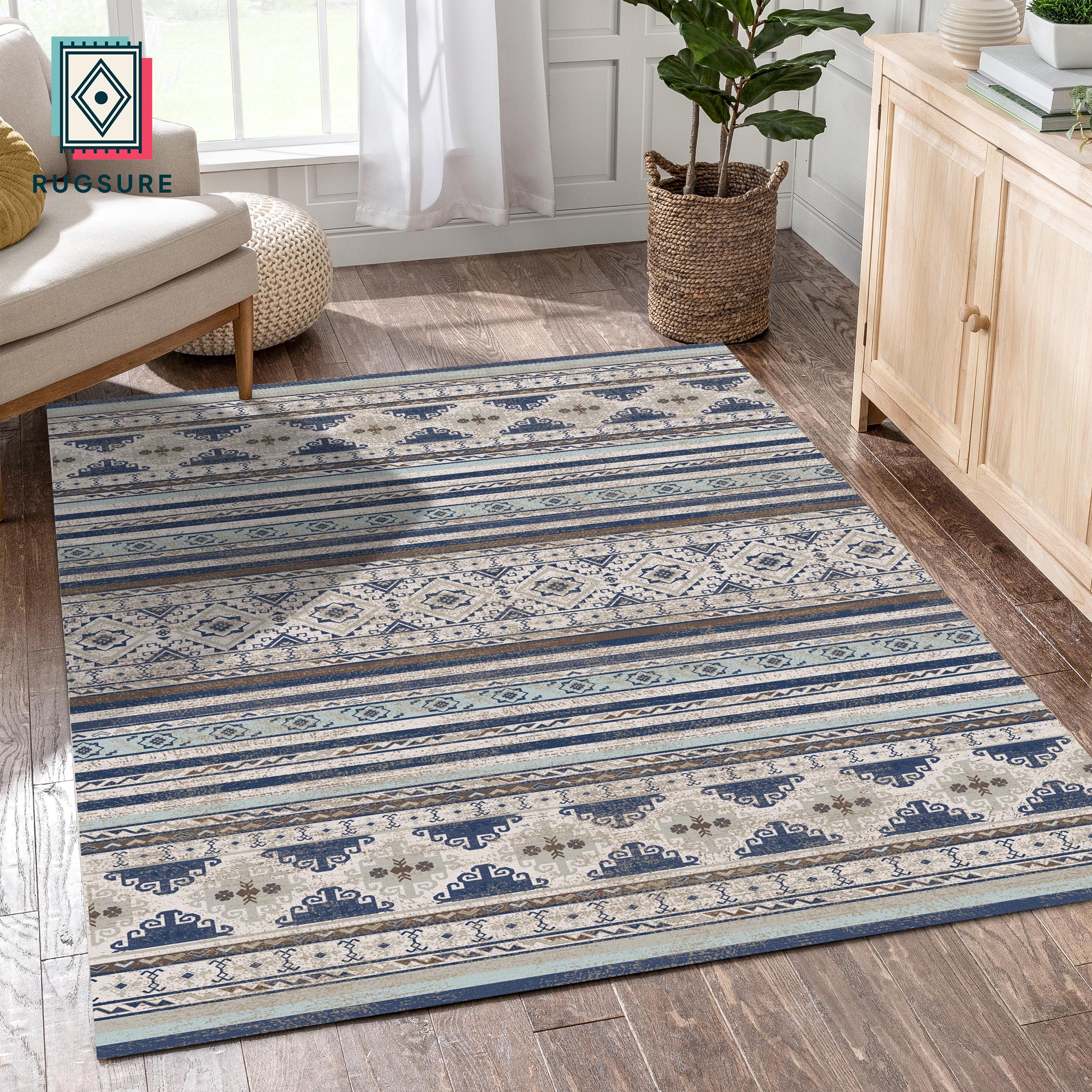 RUGSURE Washable Area Rugs 6' x 9' - 1/6 Thick - Moroccan-Inspired -Stain & Water Resistant Non-Slip - Resistant Rug for Living Room, Bedroom, Nursery, Pet & Child Friendly (Blue and Brown)