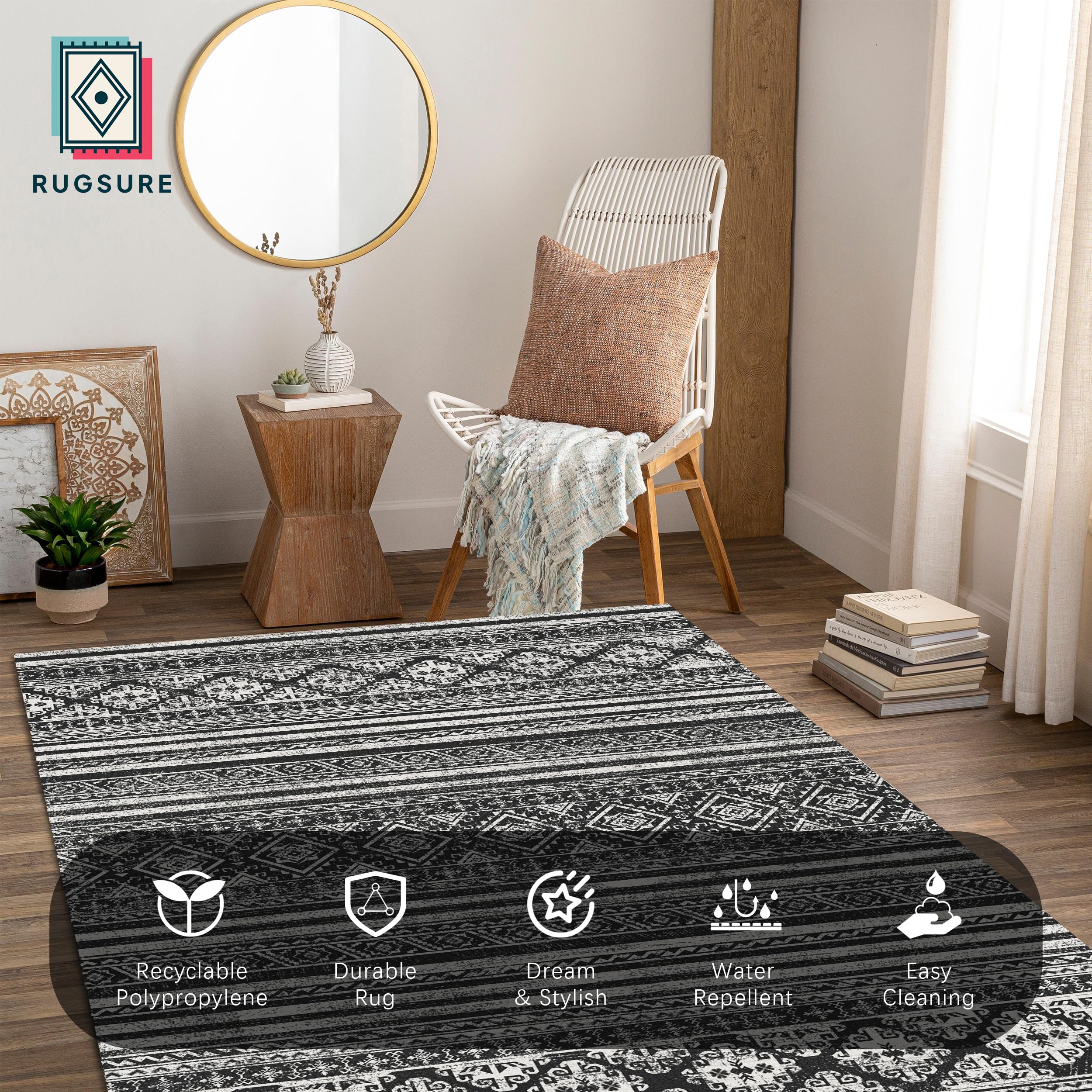 RUGSURE Washable Area Rugs 3' x 5 ' - 1/6 Thick - Moroccan-Inspired -Stain & Water Resistant Non-Slip - Resistant Rug for Living Room, Bedroom, Nursery, Pet & Child Friendly (Black)