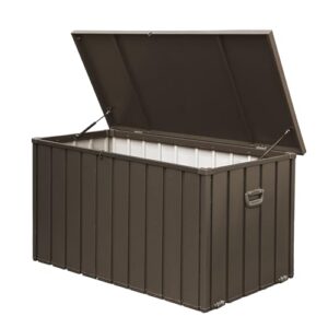 fangcun deck box outdoor storage container, 120 gallon, waterproof lockable steel construction with wheels, for patio furniture, garden tools, and pool equipment (dark brown)