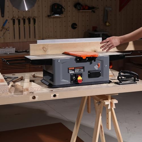 VEVOR Spiral Benchtop Jointer, 8-Inch, 2HP 10000 RPM Bench Top Wood Jointer, 18-Blade Spiral Cutterhead with Extendable Arm up to 6.5'' and 8x42.3'' Worktable 0-1/8'' Adjustable Depth, for Woodworking