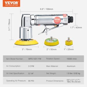 VEVOR 1/2/3 Inch Random Orbital Air Sander, High-Speed 15000RPM Mini Pneumatic Sander for Auto Body Work, 58PCS Air Powered Sander Kit with Sandpapers, Wool Pad, Wavy Sponges