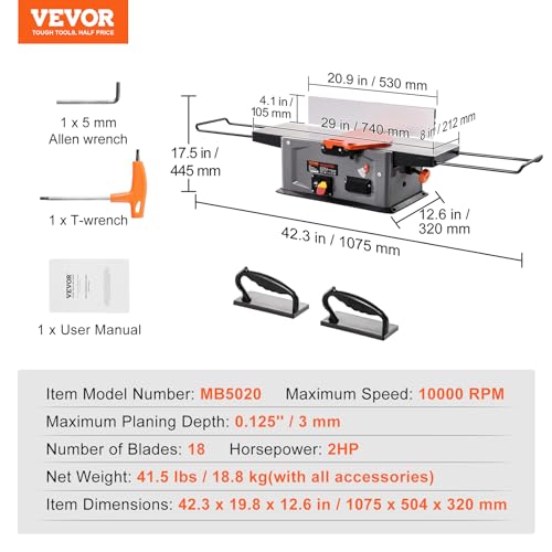 VEVOR Spiral Benchtop Jointer, 8-Inch, 2HP 10000 RPM Bench Top Wood Jointer, 18-Blade Spiral Cutterhead with Extendable Arm up to 6.5'' and 8x42.3'' Worktable 0-1/8'' Adjustable Depth, for Woodworking