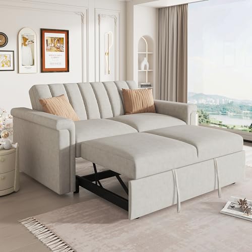 Verfur Multi-Functional Pull Out Loveseat Sleeper Sofa Bed, 3-in-1 Convertible Futon Couch Love Seat Chaise Lounge with Adjustable Backrest for Living Room Home Office RV Furniture