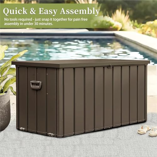 FANGCUN Deck Box Outdoor Storage Container, 120 Gallon, Waterproof Lockable Steel Construction with Wheels, For Patio Furniture, Garden Tools, and Pool Equipment (Dark Brown)