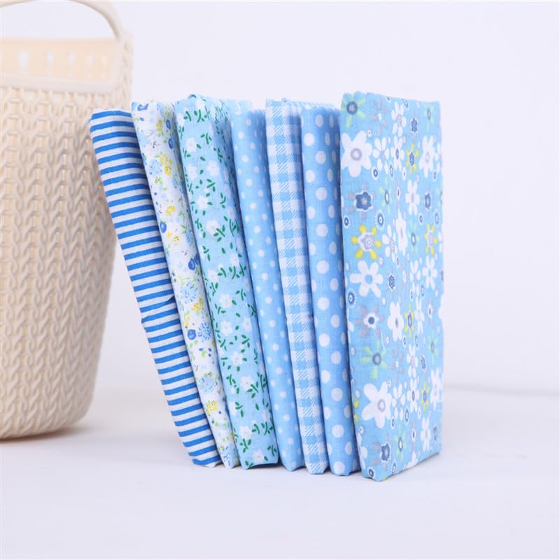 7Pcs Top Blue Cotton Craft Fabric Bundle Squares Patchwork DIY Sewing Scrapbooking Quilting Floral Dot Pattern Craft and Hobby Fabric 10" x 10" (25cm x 25cm)