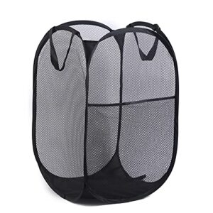 laundry collapsible mesh pop up hamper with wide opening and side pocket black foldable, breathable for clothes and storage