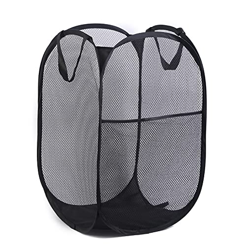 Laundry Collapsible Mesh Pop Up Hamper with Wide Opening and Side Pocket Black Foldable, Breathable for Clothes and Storage