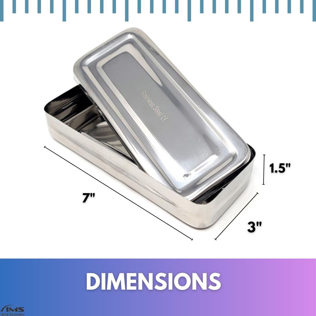 Multipurpose Instrument Box Stainless Steel Container Tray with Lid for Lab Instrument Supplies to Store, Arrange, Transfer, Organize - 7"L x 3"W x 1.5"H