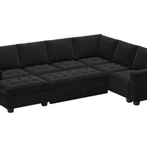 Belffin Modular Sectional Sleeper Sofa with Pull Out Bed U Shaped Sectional Sofa Couch with Storage Ottoman Velvet Covertible 7-Seater Sofa for Living Room Black