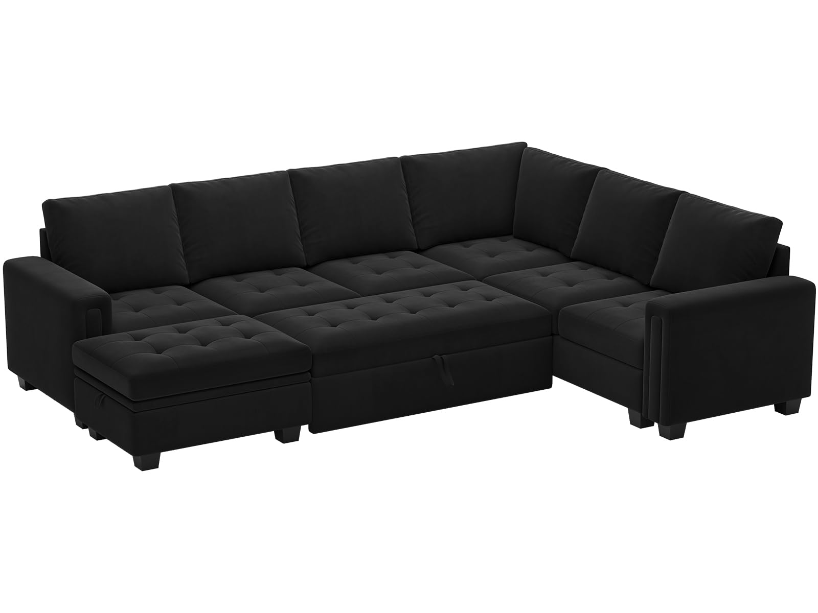 Belffin Modular Sectional Sleeper Sofa with Pull Out Bed U Shaped Sectional Sofa Couch with Storage Ottoman Velvet Covertible 7-Seater Sofa for Living Room Black