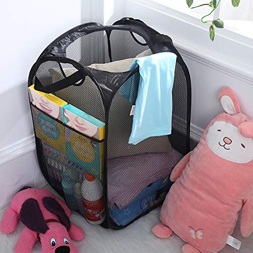 Laundry Collapsible Mesh Pop Up Hamper with Wide Opening and Side Pocket Black Foldable, Breathable for Clothes and Storage