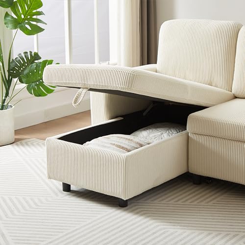 3 Seater Reversible Sleeper Sectional Sofa Couch Bed with Storage Chaise Lounge and Cupholders , Corduroy Upholstered L-Shaped Convertible Sofabed Corner Couch,L Shaped Sofá for Living Room Office