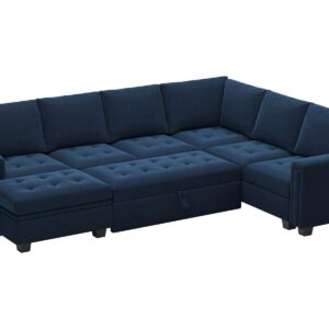 Belffin Modular Sectional Sleeper Sofa with Pull Out Bed U Shaped Sectional Sofa Couch with Storage Ottoman Velvet Covertible 7-Seater Sofa for Living Room Blue