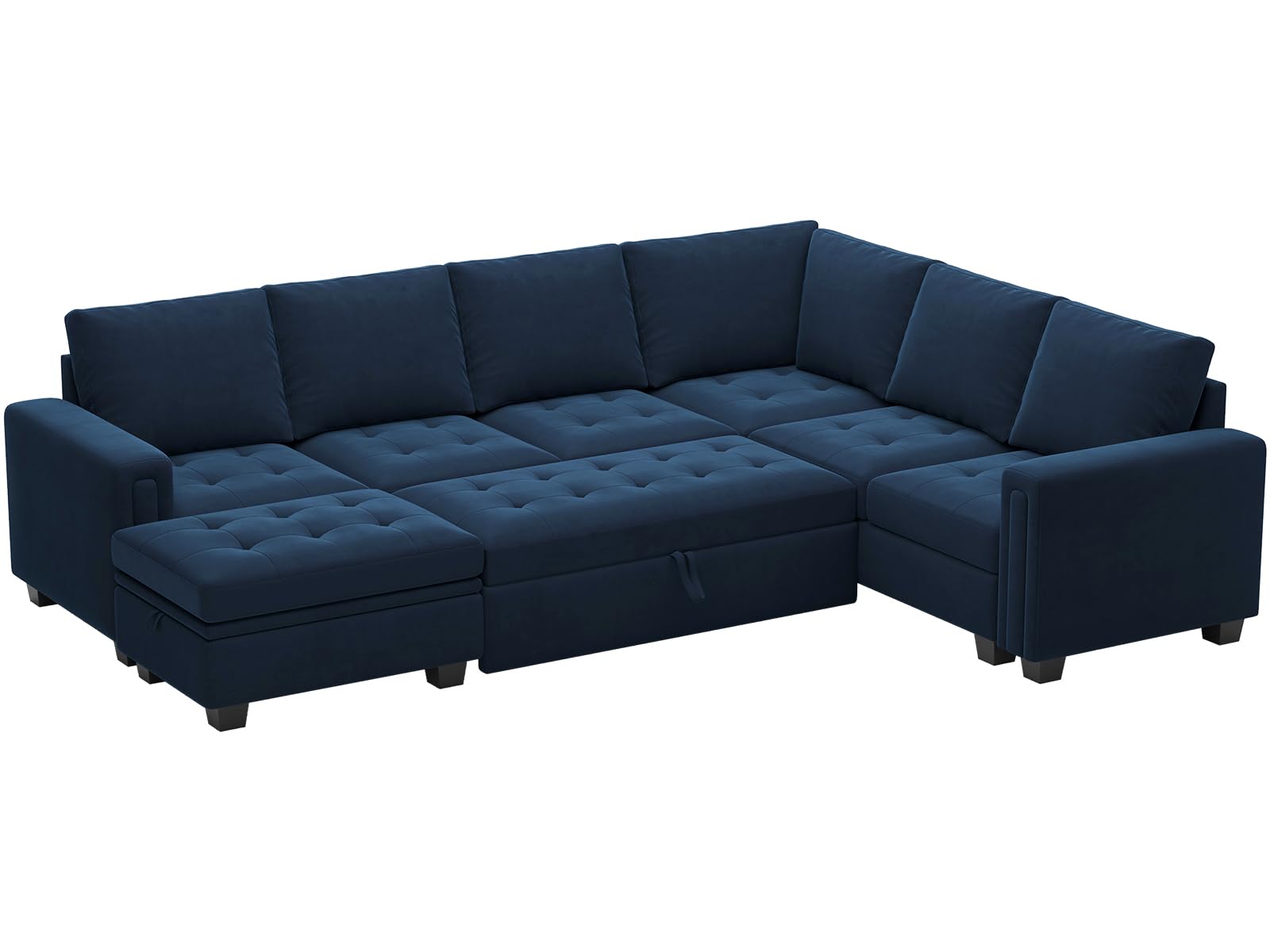 Belffin Modular Sectional Sleeper Sofa with Pull Out Bed U Shaped Sectional Sofa Couch with Storage Ottoman Velvet Covertible 7-Seater Sofa for Living Room Blue