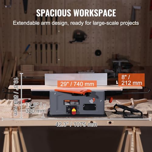 VEVOR Spiral Benchtop Jointer, 8-Inch, 2HP 10000 RPM Bench Top Wood Jointer, 18-Blade Spiral Cutterhead with Extendable Arm up to 6.5'' and 8x42.3'' Worktable 0-1/8'' Adjustable Depth, for Woodworking