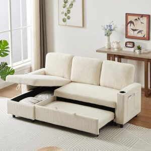 3 Seater Reversible Sleeper Sectional Sofa Couch Bed with Storage Chaise Lounge and Cupholders , Corduroy Upholstered L-Shaped Convertible Sofabed Corner Couch,L Shaped Sofá for Living Room Office