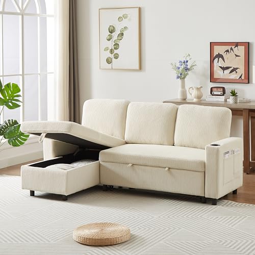 3 Seater Reversible Sleeper Sectional Sofa Couch Bed with Storage Chaise Lounge and Cupholders , Corduroy Upholstered L-Shaped Convertible Sofabed Corner Couch,L Shaped Sofá for Living Room Office