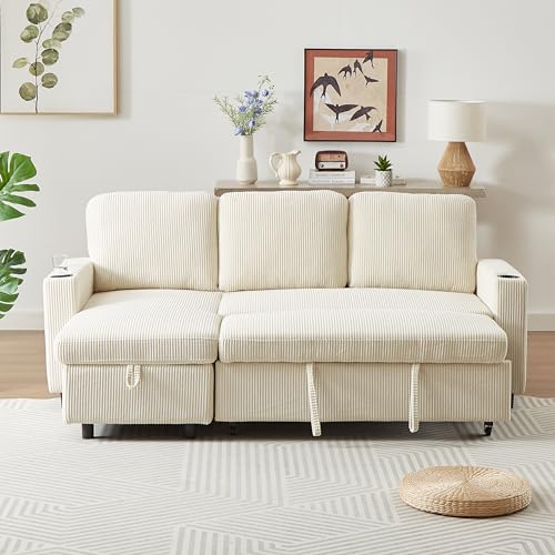 3 Seater Reversible Sleeper Sectional Sofa Couch Bed with Storage Chaise Lounge and Cupholders , Corduroy Upholstered L-Shaped Convertible Sofabed Corner Couch,L Shaped Sofá for Living Room Office