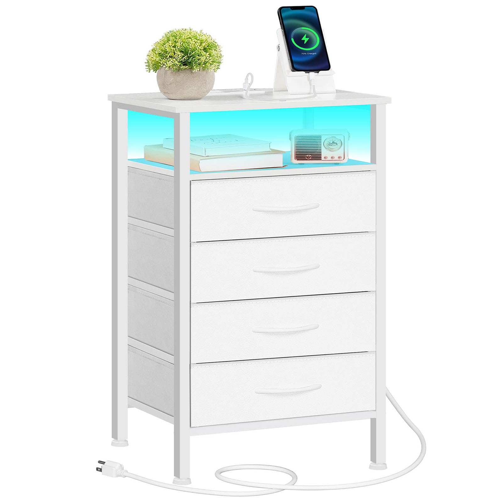 HOOBRO Nightstand with Charging Station and LED Light, End Table with 4 Fabric Drawers, Bedside Table with Outlet and USB Ports, Tall Night Stand for Bedroom, White WT404UDBZ01