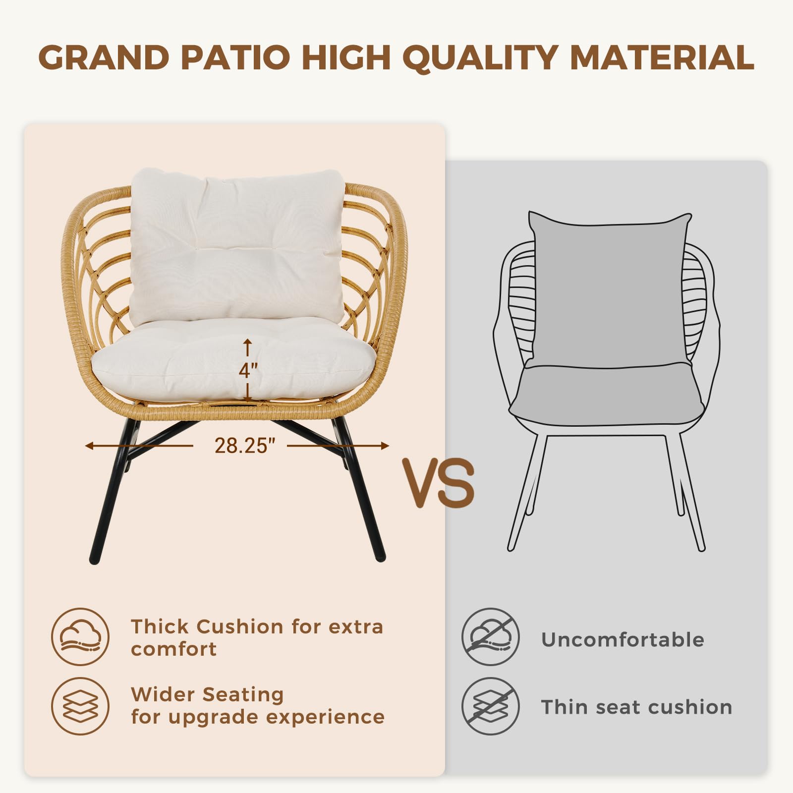 Grand patio 3-Piece Patio Set, Outdoor Furniture Set with Beige Thick Cushions, Wicker Sofa Set with Patio Coffee Table, Boho Bistro Set for Porch, Backyard, Balcony, Garden