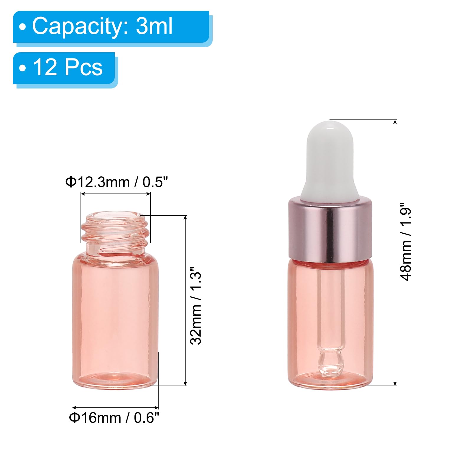 PATIKIL 3ml Glass Dropper Bottle, 12Pcs Leakproof Essential Oils Sample Liquid Perfume Container with Eye Dropper Label Funnel for Storage Home Travel, Pink