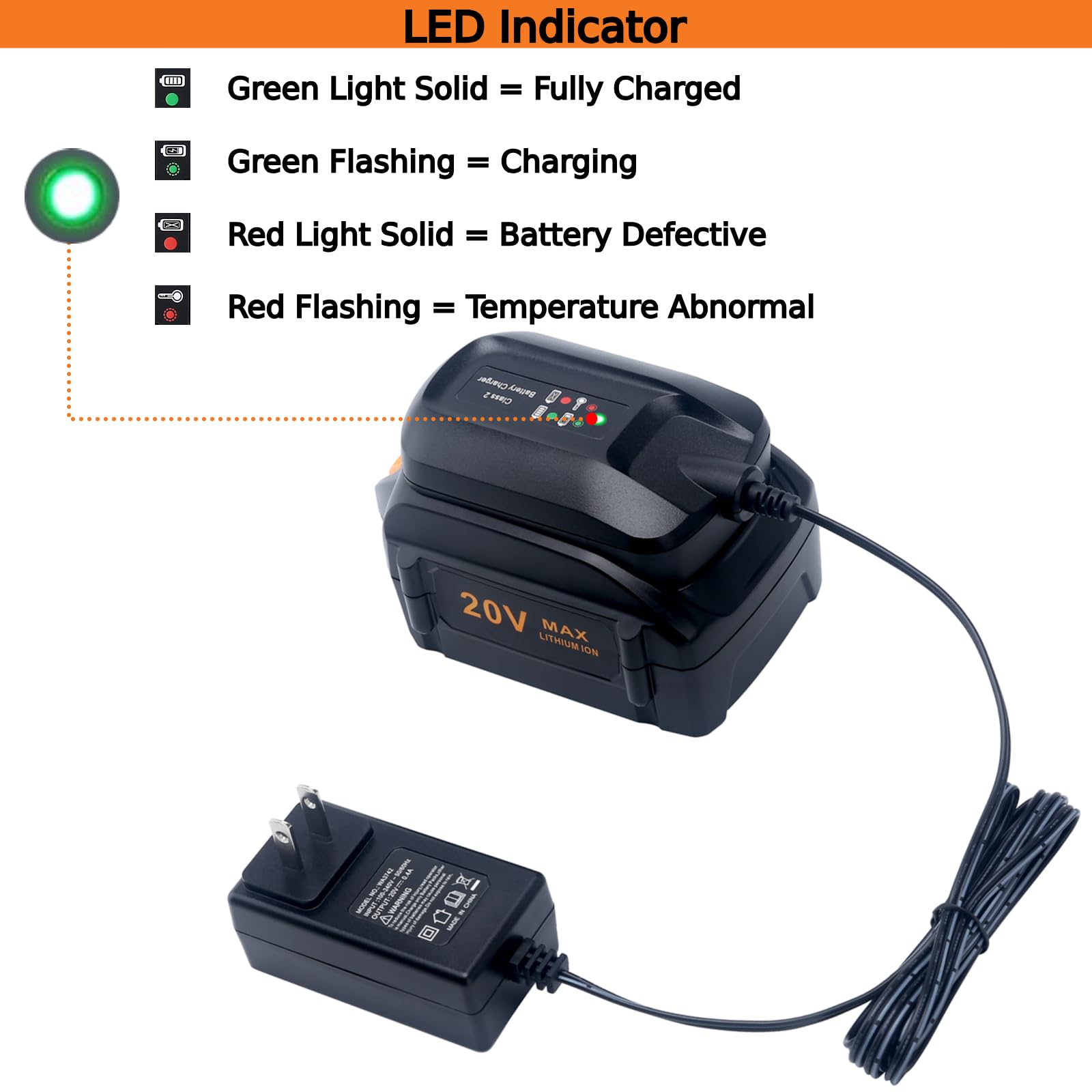 Tulepowceeng WA3742 Charger Compatible with Worx 20V Lithium Battery WA3525 WA3520 WA3578 Replacement for 20v Battery Charger WA3732 WA3875 WA3881