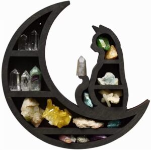 slenyubridal cat on the moon crystal wood shelf, wall mounted moon crystals display shelf wooden floating shelf gothic witchy room decoration(black)