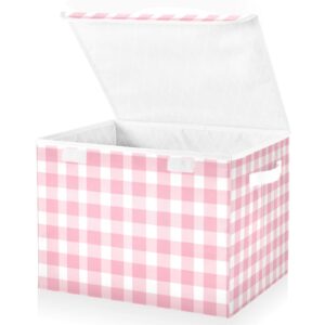 Moudou Pink Buffalo Plaid Storage Bin with Lid, Large Collapsible Cube Storage Box for Closet, Office, Bedroom, Home Decor