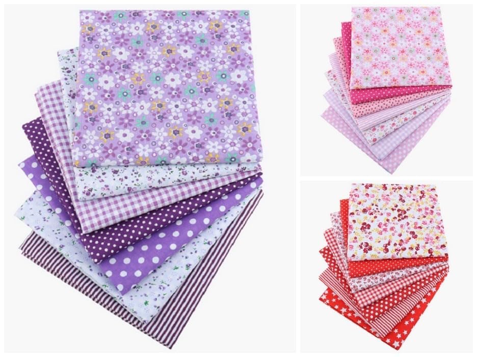 7Pcs Top Purple Cotton Craft Fabric Bundle Squares Patchwork DIY Sewing Scrapbooking Quilting Floral Dot Pattern Craft and Hobby Fabric 10" x 10" (25cm x 25cm)