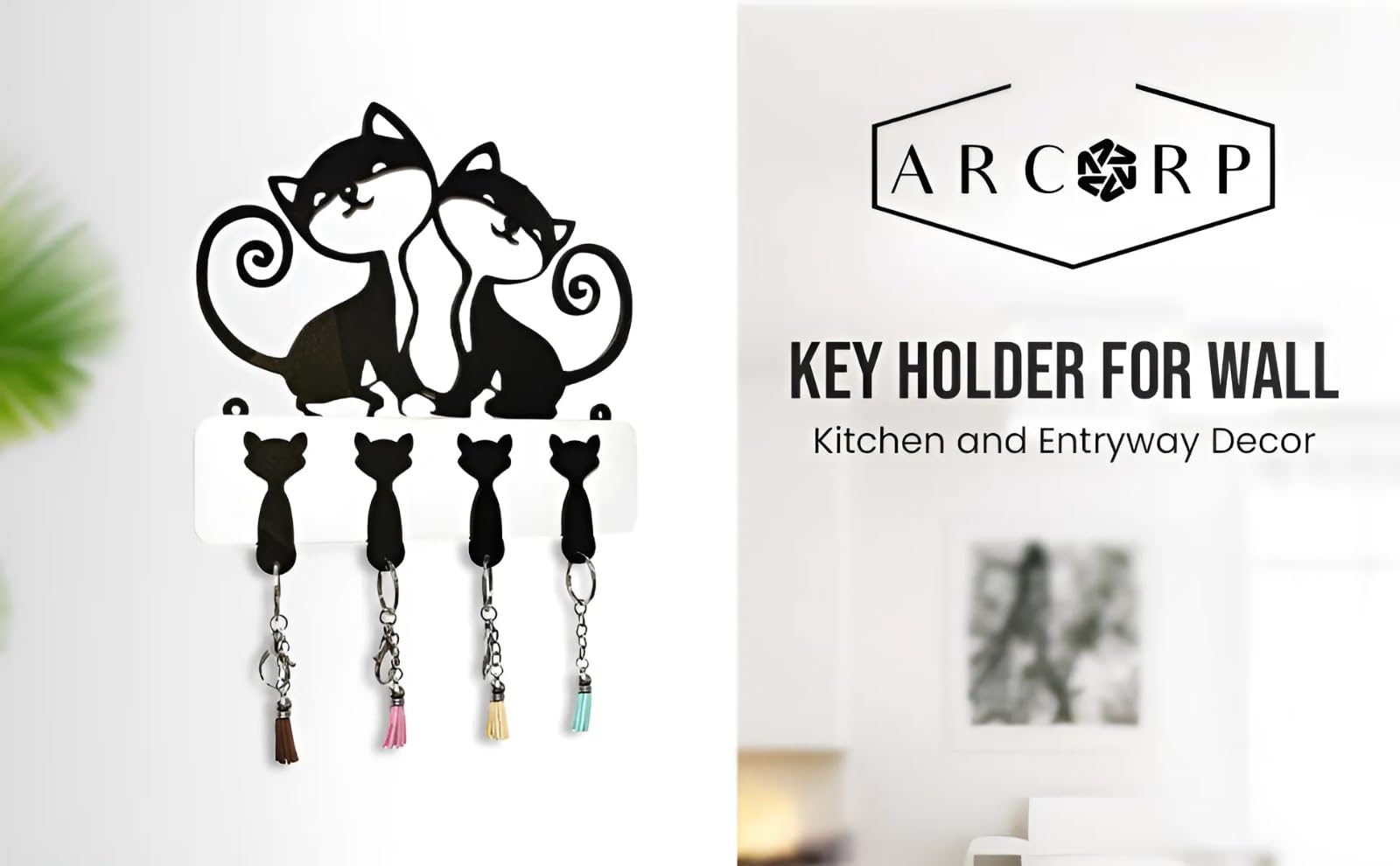 ARCORP Wooden Cat Key Holder for Wall with Four Cute Keychains, Mounting Hardware - Decorative Handcrafted Cat Puzzle Key Organizer and Home Decor - Eco-Friendly Wood Key Hanger