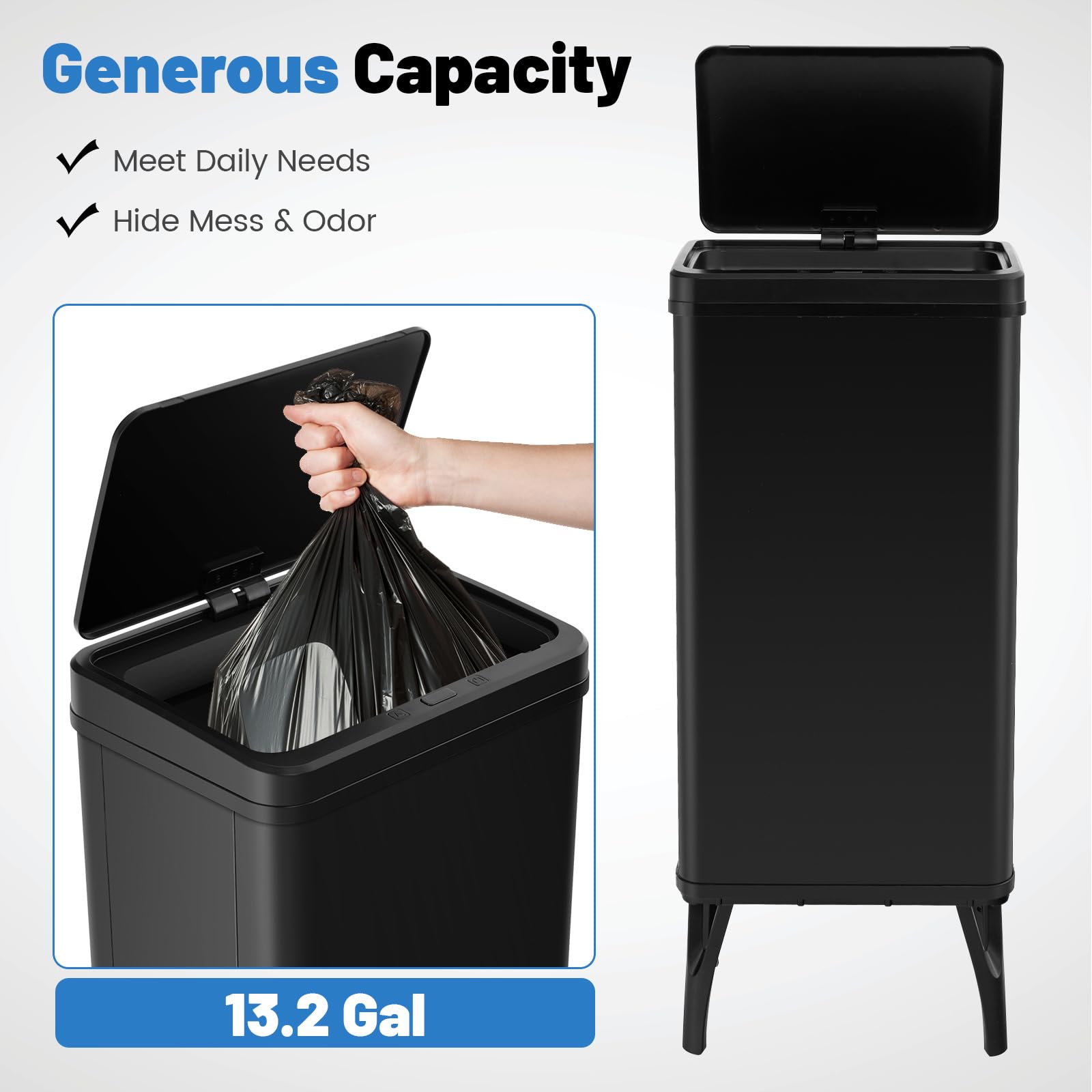 Goplus Stainless Steel Trash Can 13 Gallon, Automatic Motion Sensor Garbage Can with Stay-on Lid and Soft Closure, Elevated Tall Waste Bin with Detachable Legs for Kitchen, Office, Black