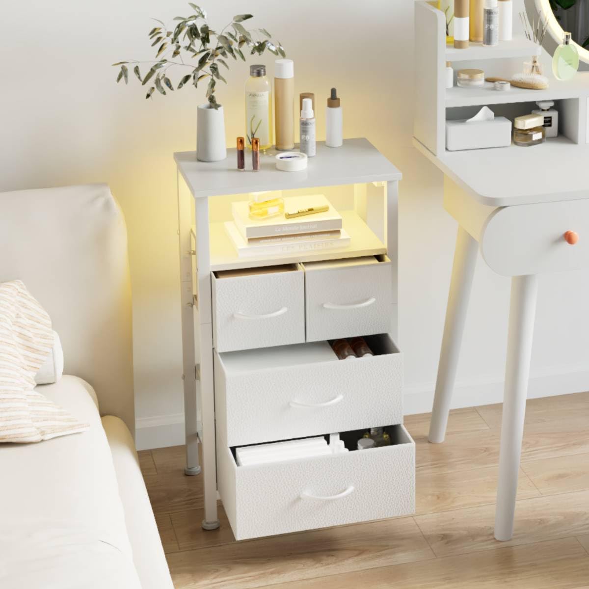 Furnulem 4 Drawer Dresser with Led Light and Charging Station, White Night Stand with Storage Shelf and Fabric & PVC Drawer, 33 Inch Bedside Table, Tall Nightstand for Entryway, Bedroom Furniture