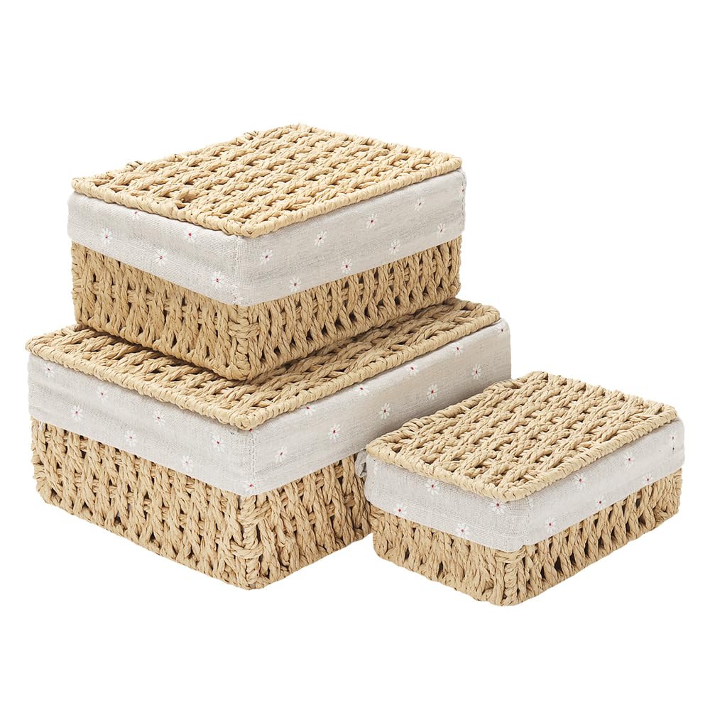 VTOBON Small Wicker Basket with Lid, 3-Pack Toilet Paper Storage Baskets with Removable Liner Tampon Holder for Bathroom Makeup Drawer Desk Closet Organizer Storage, Natural