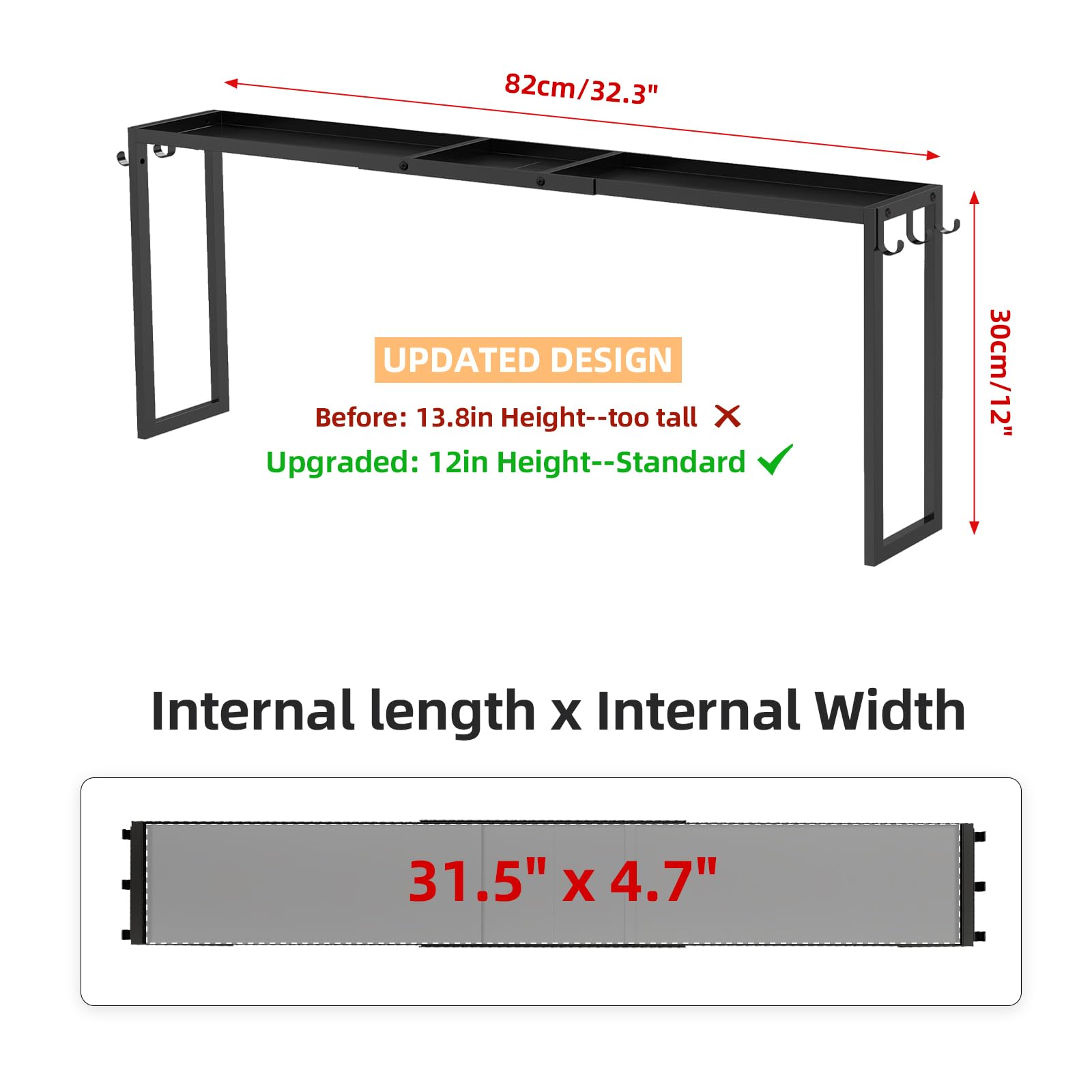 STWWO Over the Stove Shelf, 31.5" Stove Top Shelf Spice Rack, Kitchen Countertop Organizer with 6 Hooks, Seasoning Organizer, Black