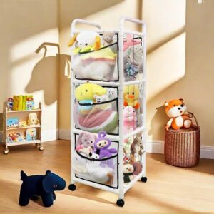 Lmaqfum Stuffed Animal Storage 63" Tall Corner Stuffed Animal Zoo ABS Holder Plushies Storage Organizer Shelf with Elastic Band Side Storage Pockets Bottom Wheels for Birthday Gift Nursery Playroom