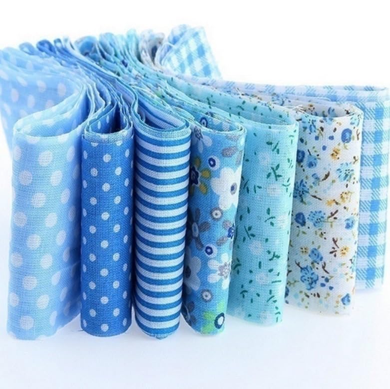 7Pcs Top Blue Cotton Craft Fabric Bundle Squares Patchwork DIY Sewing Scrapbooking Quilting Floral Dot Pattern Craft and Hobby Fabric 10" x 10" (25cm x 25cm)